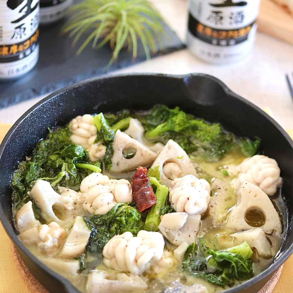 白子とれんこんと菜の花のアヒージョ